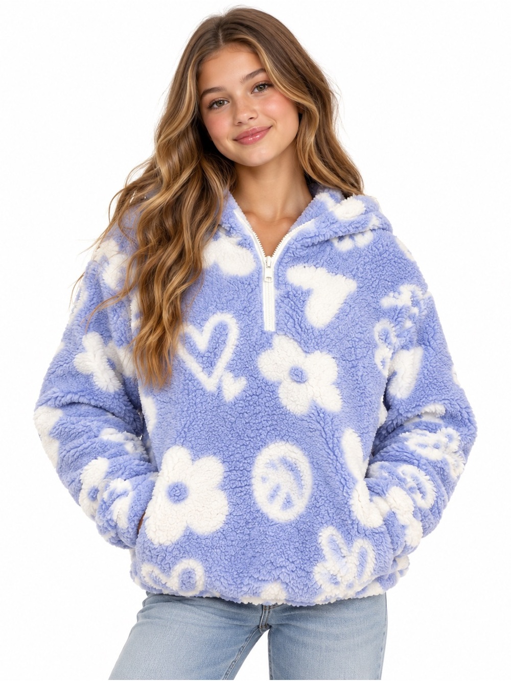 Limited Too Lavender White Floral Sherpa Half-Zip Hoodie XS Juniors